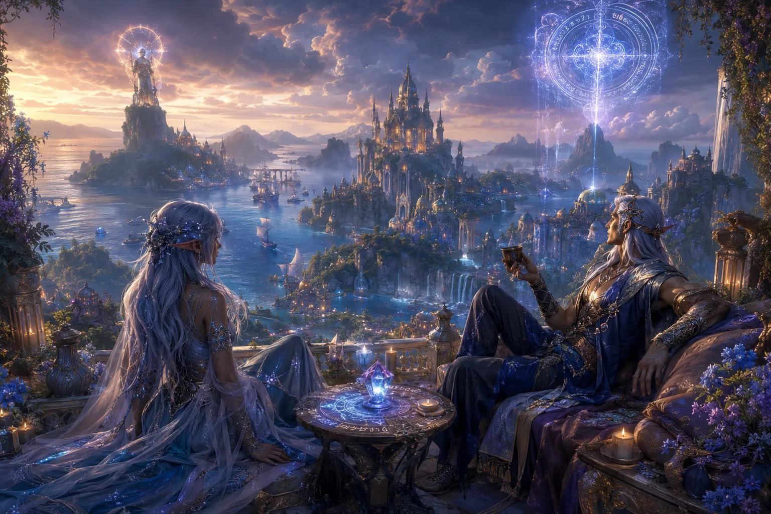 Aelindor’s luminous city and harbor viewed from a terrace