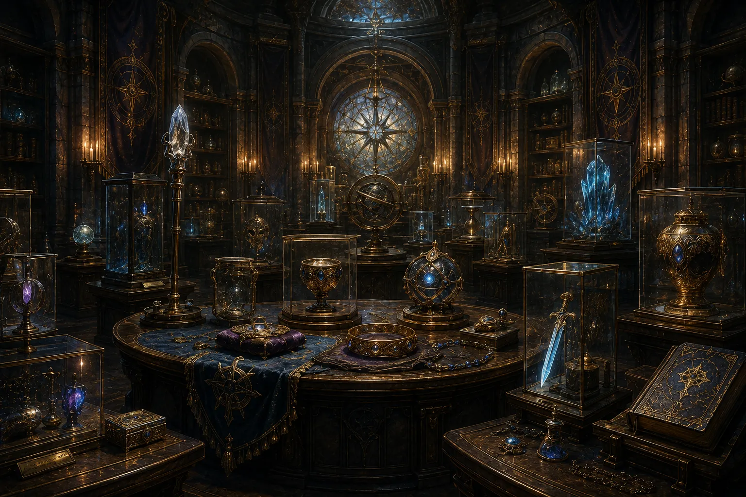 An archival chamber displaying authenticated magical artifacts preserved within the Arcana Registry.
