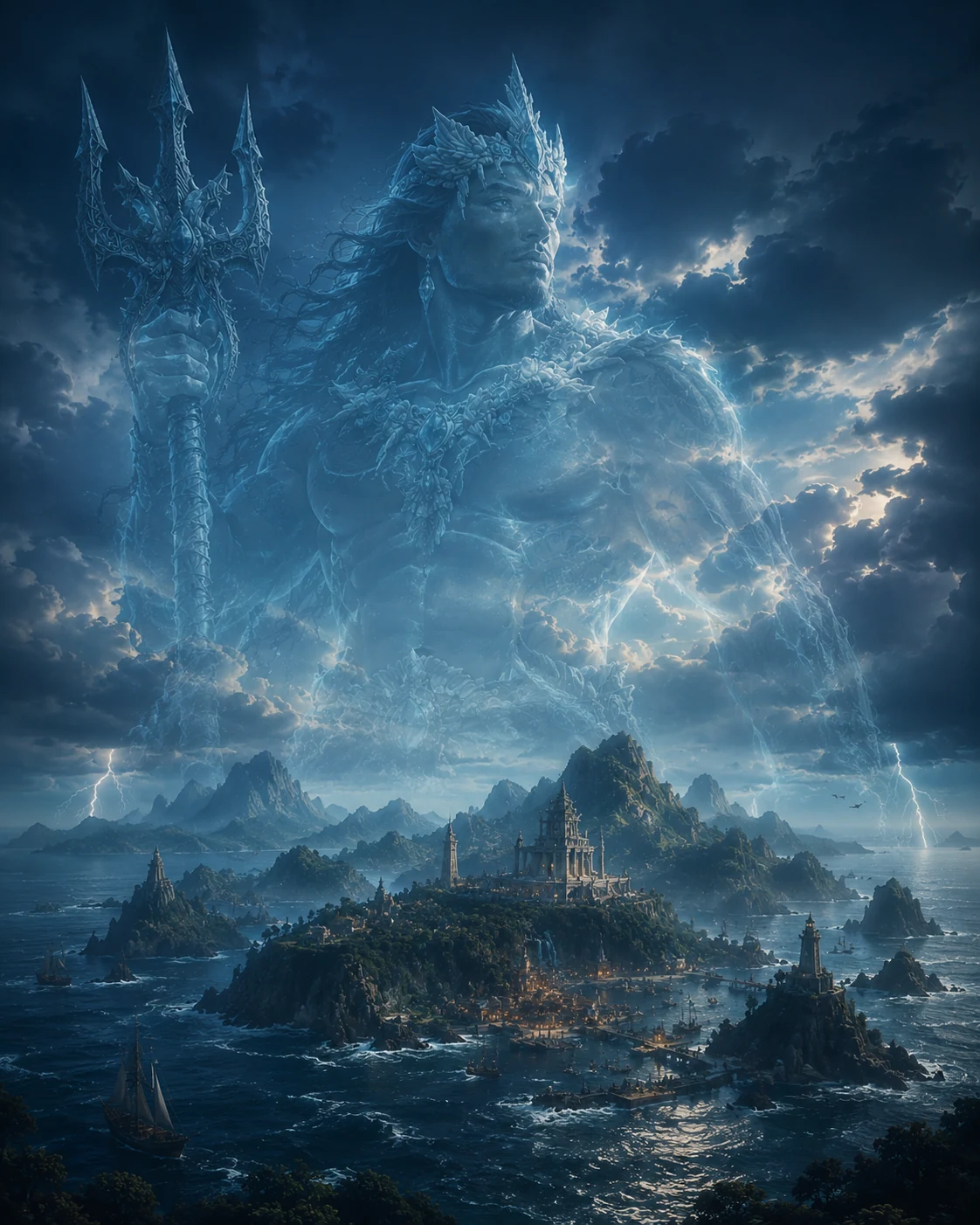 A storm-lit divine figure rising above an island city