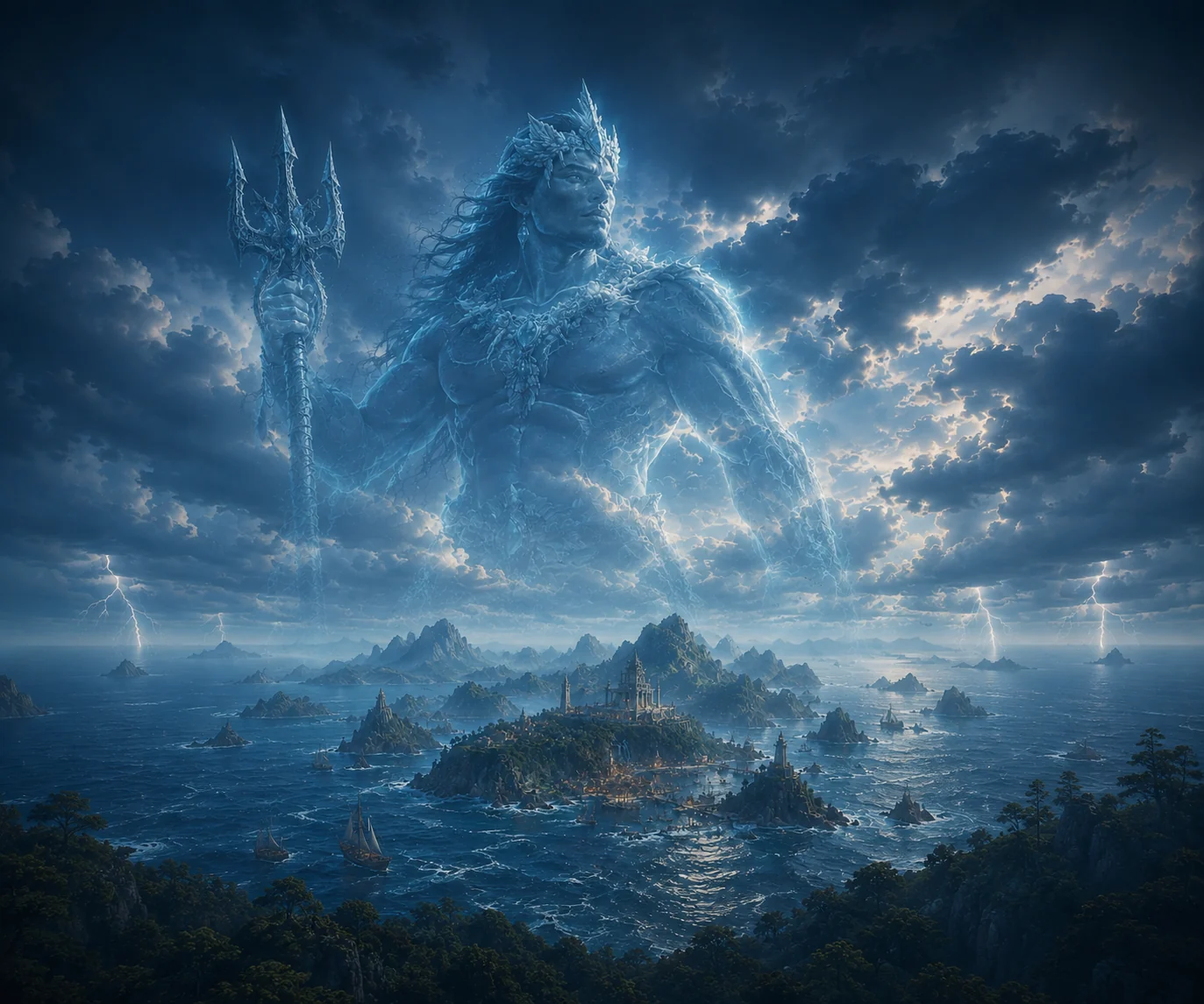 Morgdhav rising in storm-cloud above the islands of the Morgdhavian Archipelago